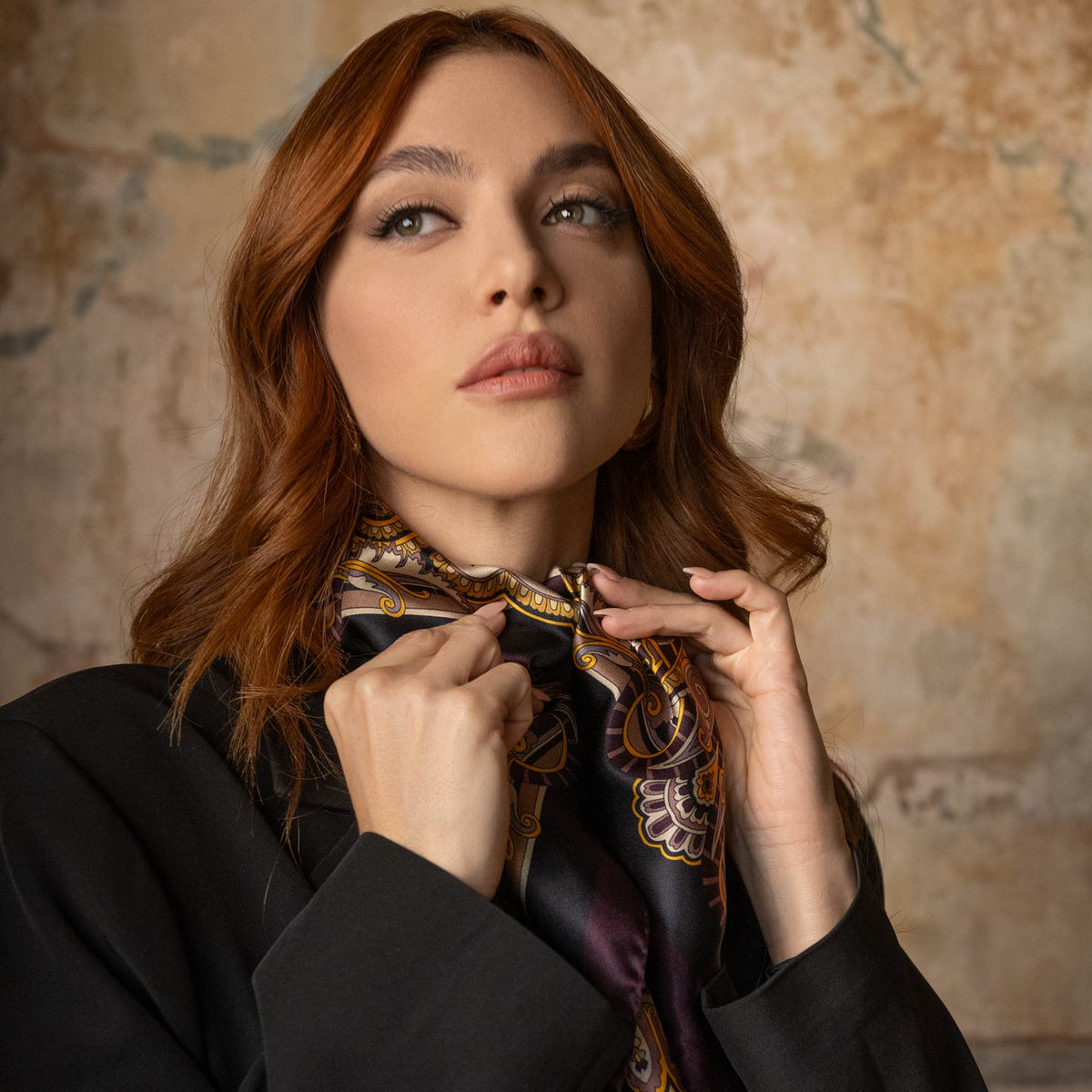 Italian Silk Satin Equestrian Square Scarf - Plum
