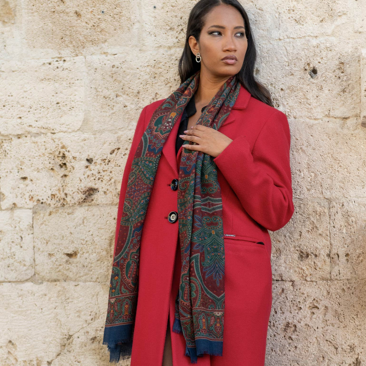 Lightweight Italian Wool Scarf - Dark Red Paisley