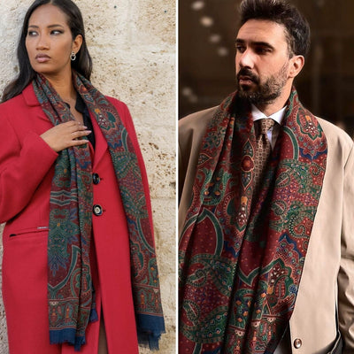 Lightweight Italian Wool Scarf - Dark Red Paisley