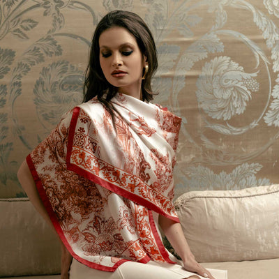 Women's Red Toile de Jouy Italian Silk Scarf