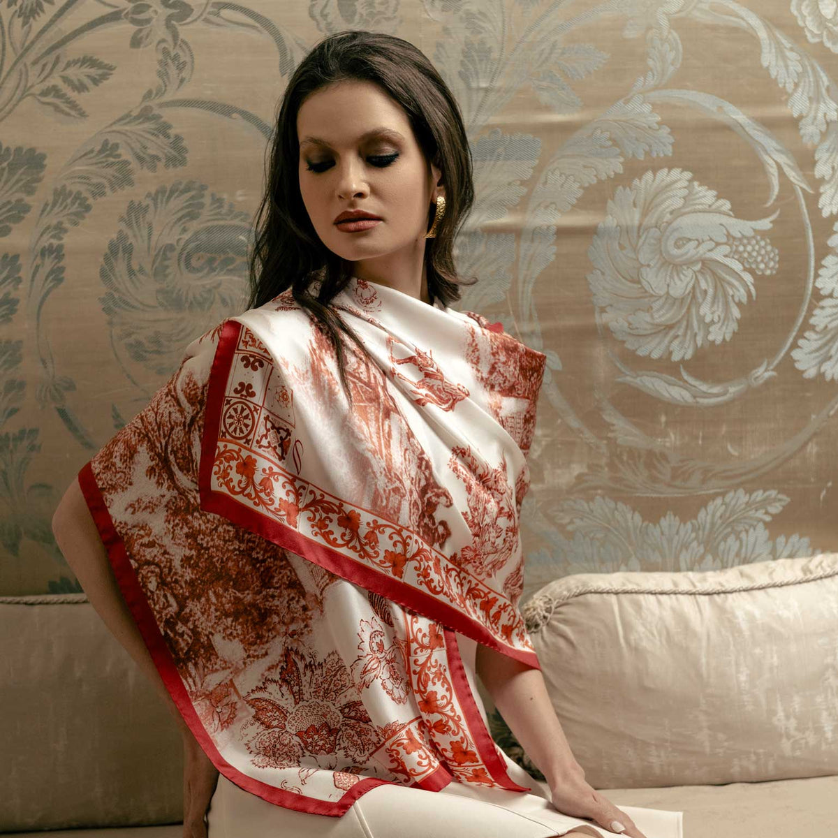 Women's Red Toile de Jouy Italian Silk Scarf