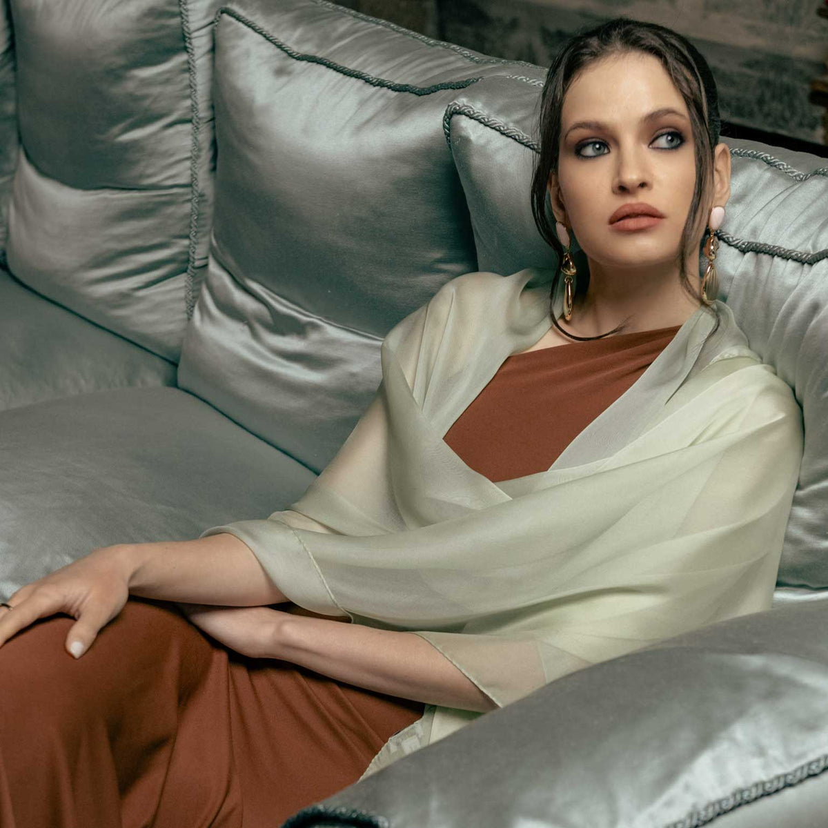 Luxury mint green sheer silk evening wrap scarf