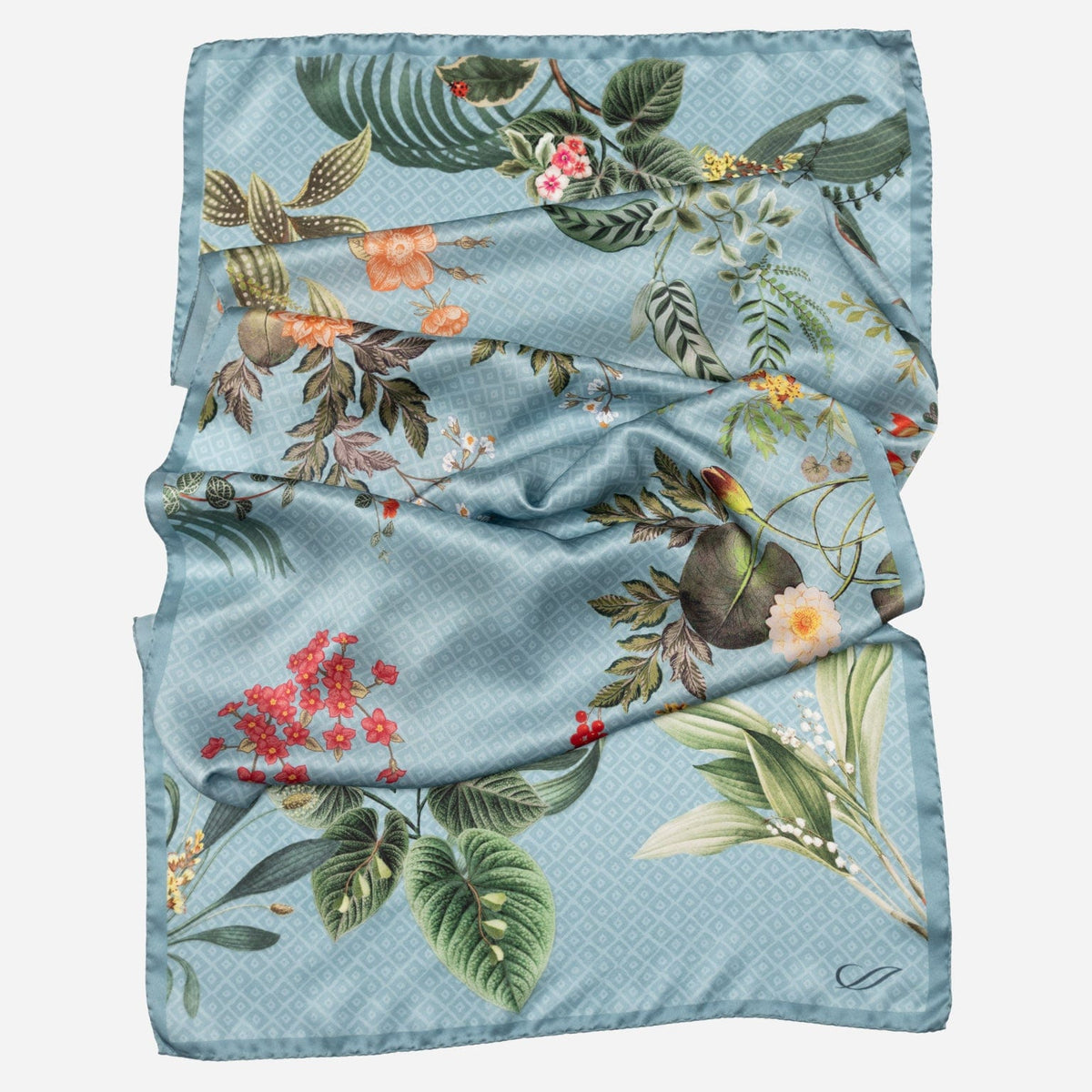 Sky Blue Floral Silk Satin Long Scarf