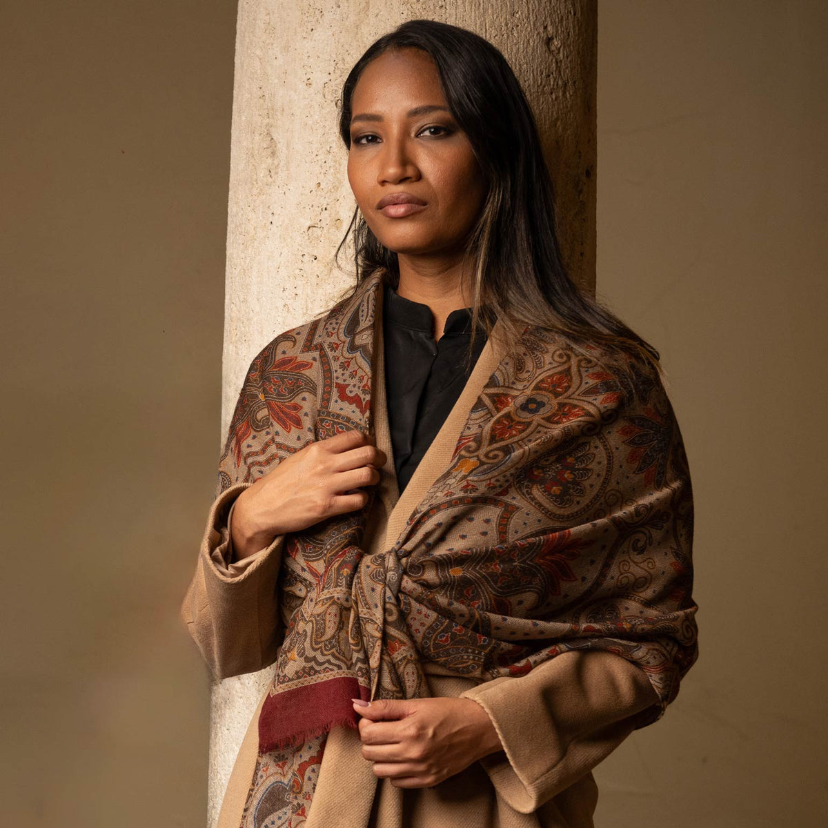 Beige & Brick Red Soft Lightweight Italian Wool Scarf