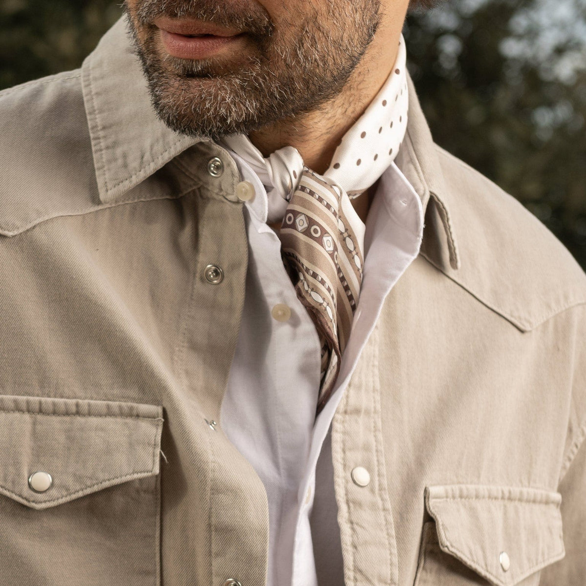 white and tan silk polka dot Italian silk large bandana scarf