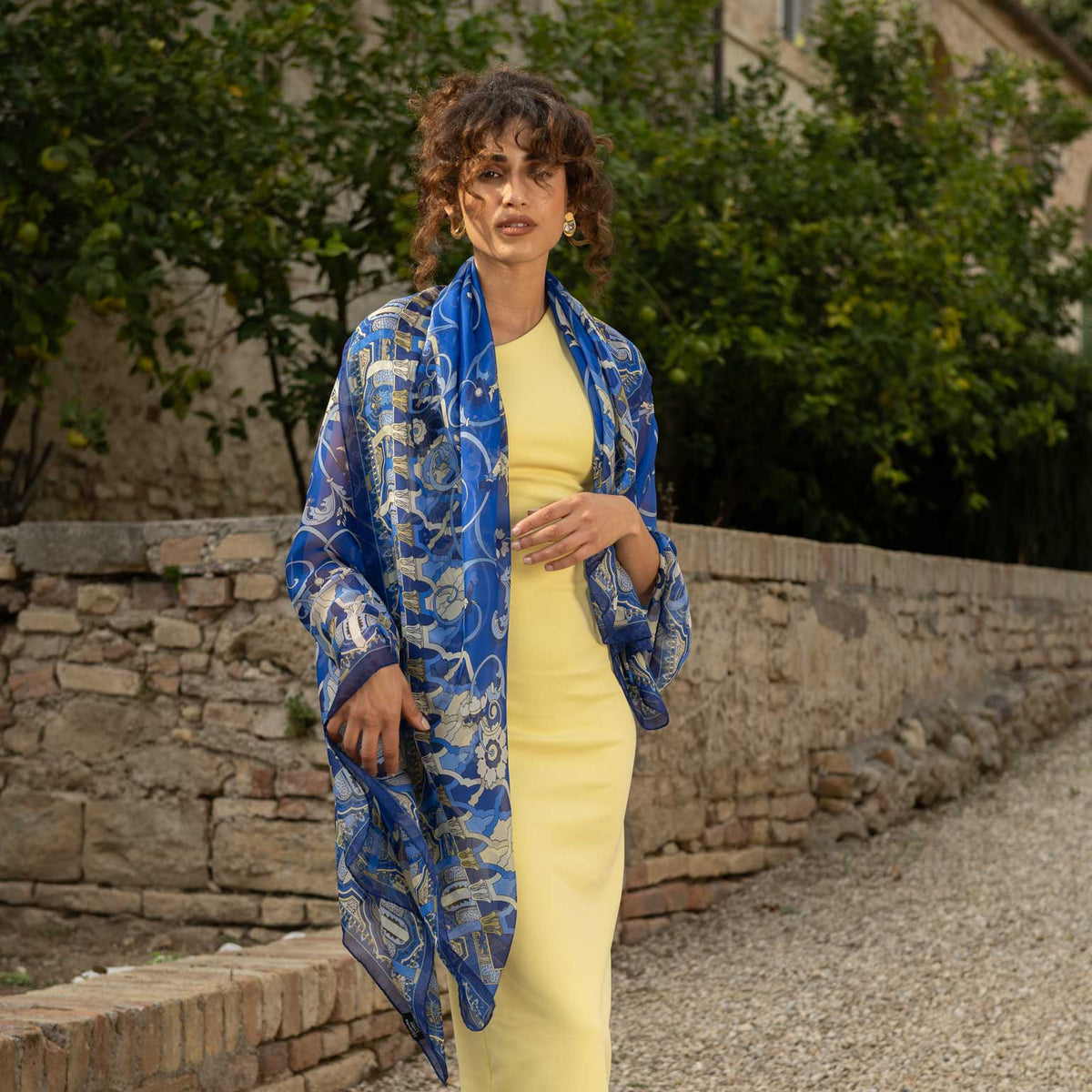 Blue Floral Silk Large Shawl Wrap