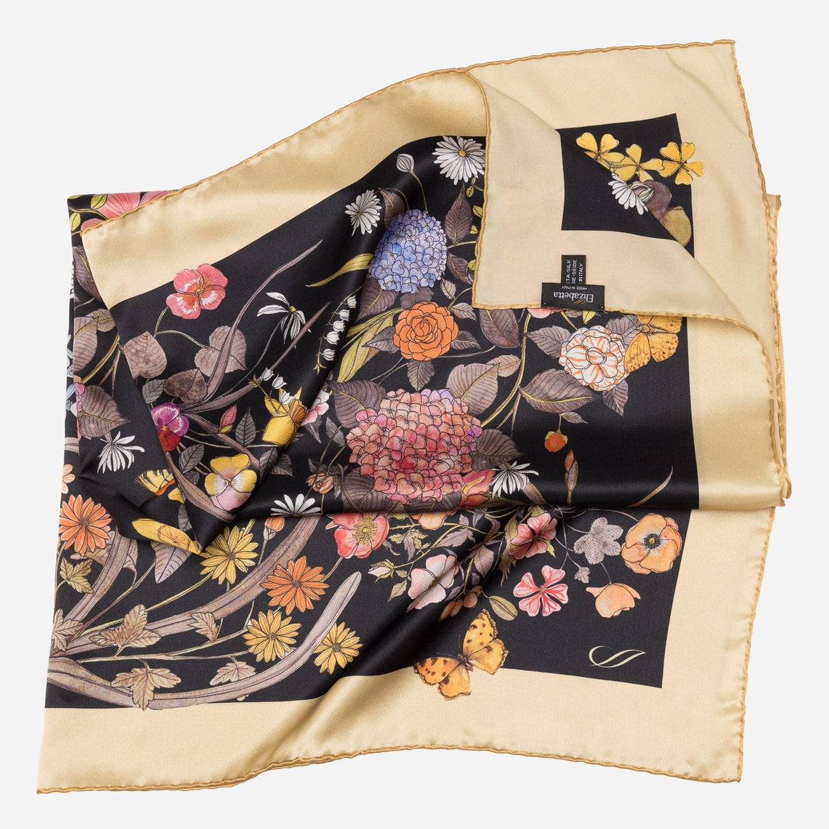 Black Botanical Print Silk Scarf