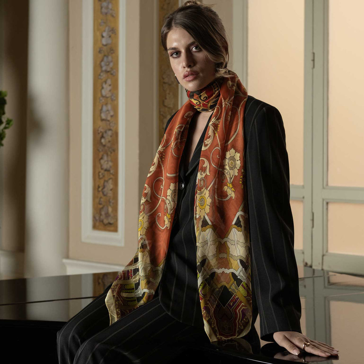 Orange Floral Silk Large Shawl Wrap