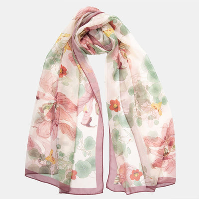 Antique Rose Sheer Silk Floral Long Scarf