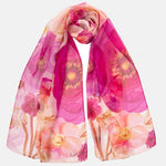 Long Silk Scarf - Pink Floral Print Sheer Georgette