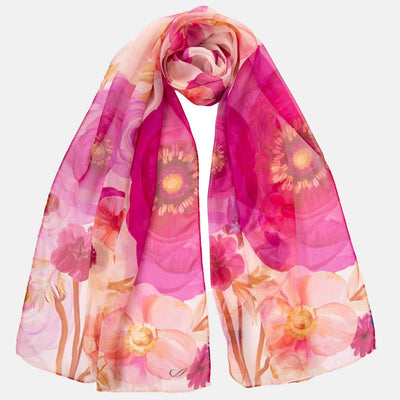 Long Silk Scarf - Pink Floral Print Sheer Georgette