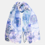 Womens Long Silk Scarf - Blue Floral Print