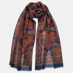 Large Lightweight Blue Burgundy Paisley Italian Wool Scarf