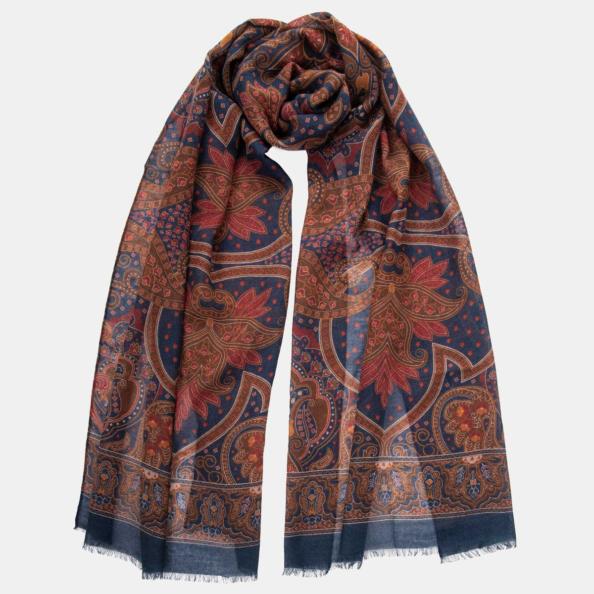 Large Lightweight Blue Burgundy Paisley Italian Wool Scarf