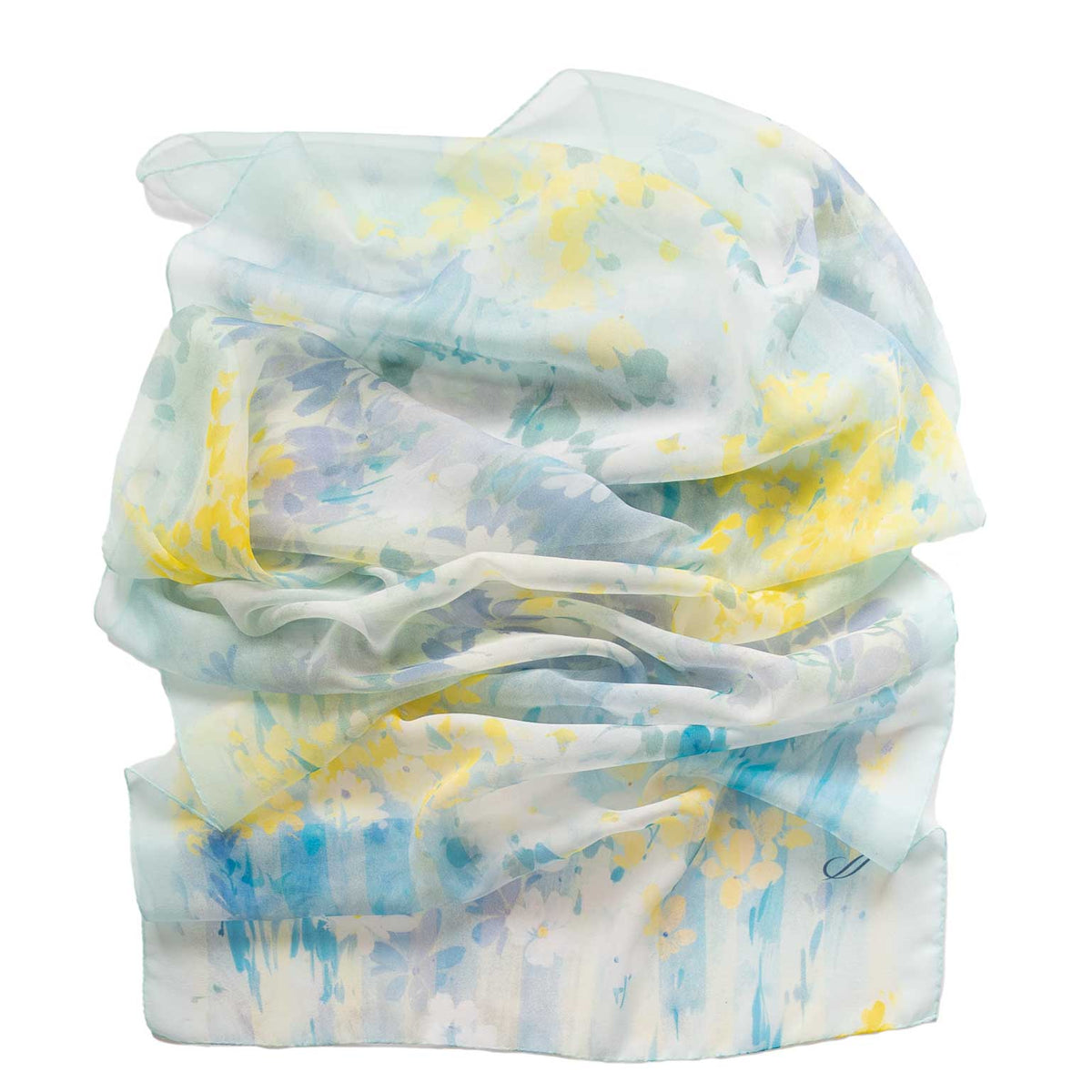 Women's Sky Blue Long Italian Silk Scarf - Floral Print