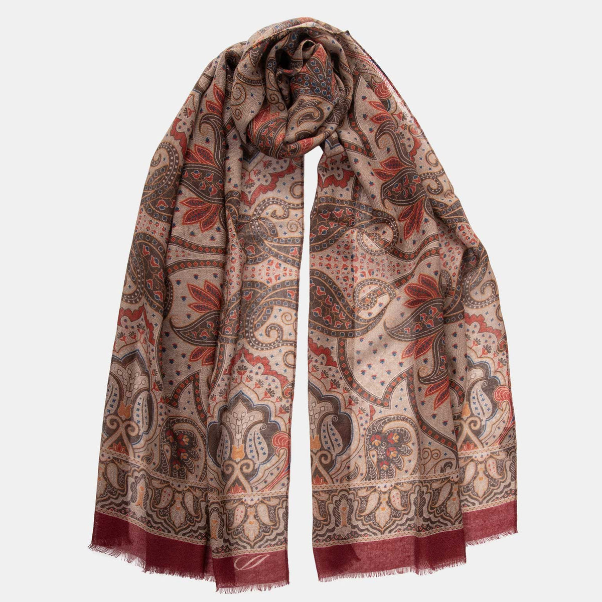 Beige & Brick Red Soft Lightweight Italian Wool Scarf