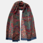 Large Lightweight Italian Wool Scarf - Dark Red Paisley