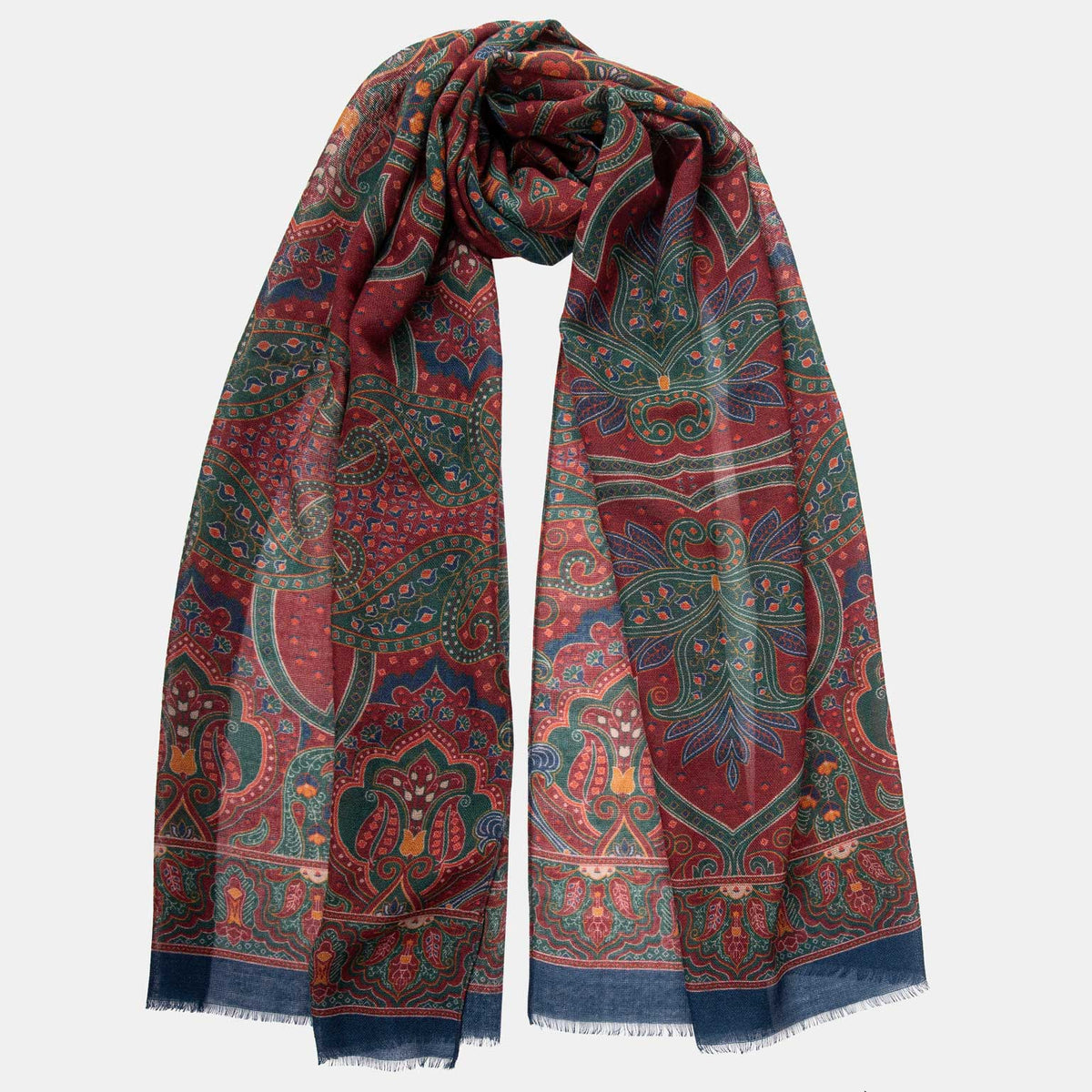 Large Lightweight Italian Wool Scarf - Dark Red Paisley