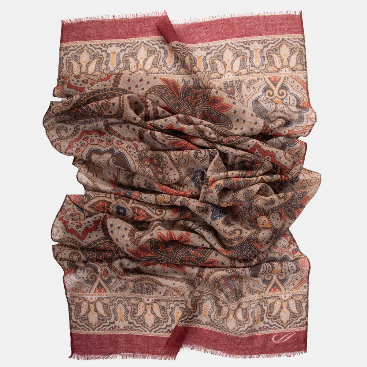 Beige & Brick Red Soft Lightweight Italian Wool Scarf
