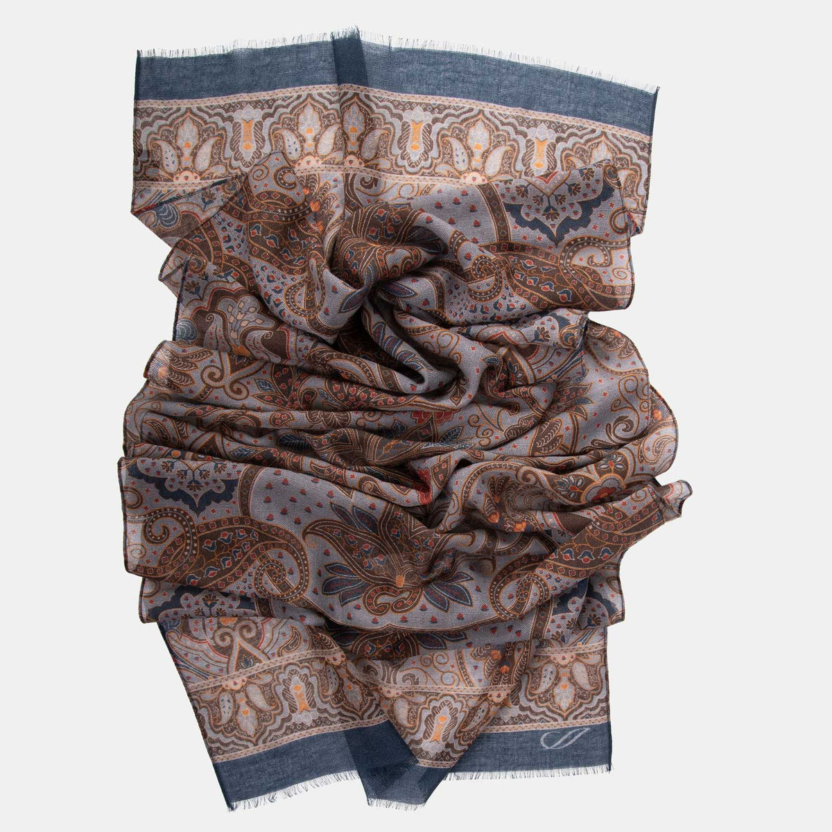 Lightweight Italian Wool Scarf - Steel Blue Paisley