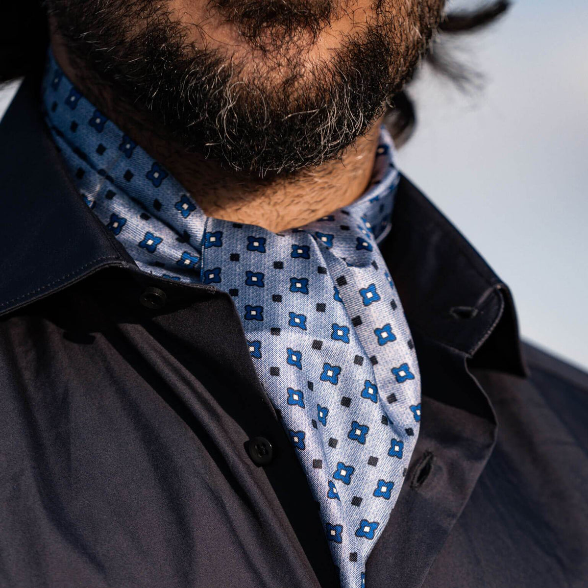 luxury Italian blue silk ascot cravat tie