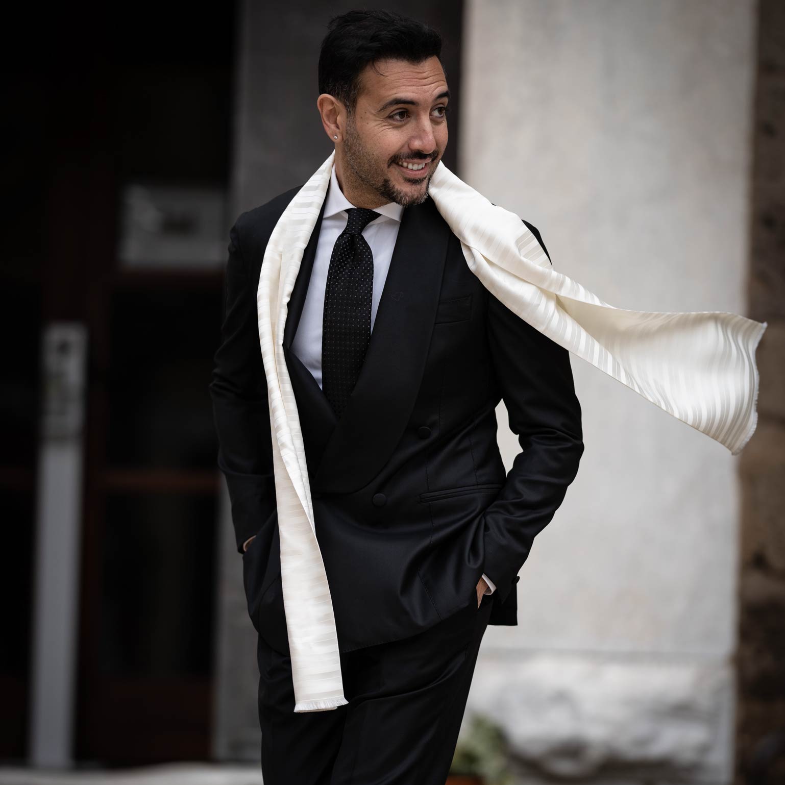 Men's White Italian Silk Opera Tuxedo Scarf