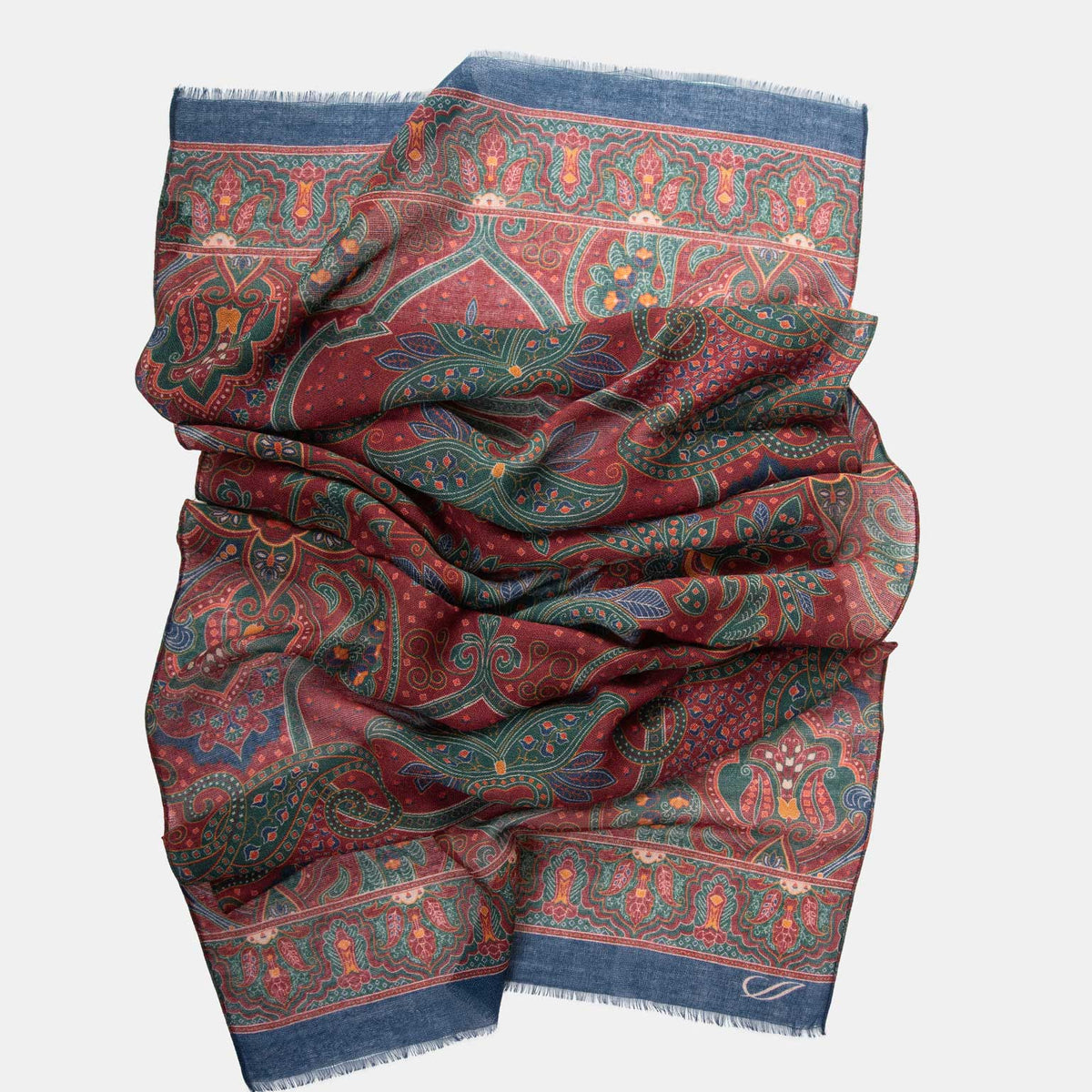 Large Lightweight Italian Wool Scarf - Dark Red Paisley