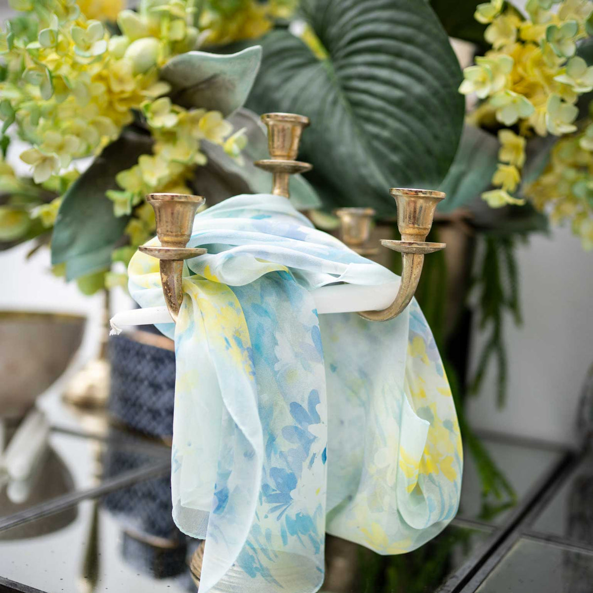 Women's Sky Blue Long Italian Silk Scarf - Floral Print