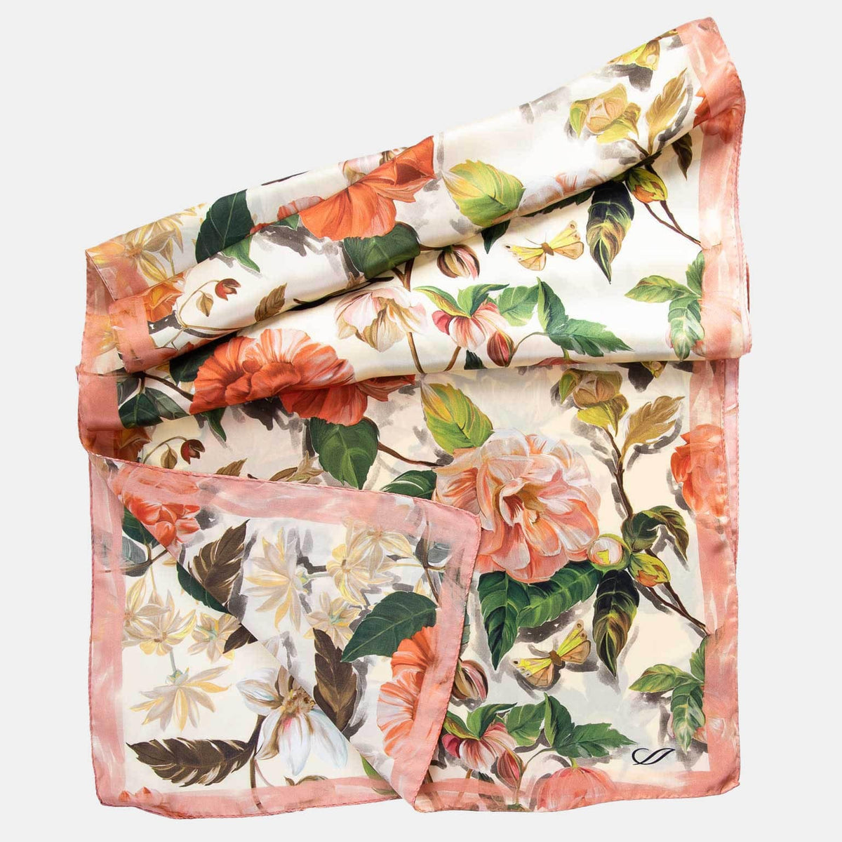 Peach Floral Silk Satin Long Scarf