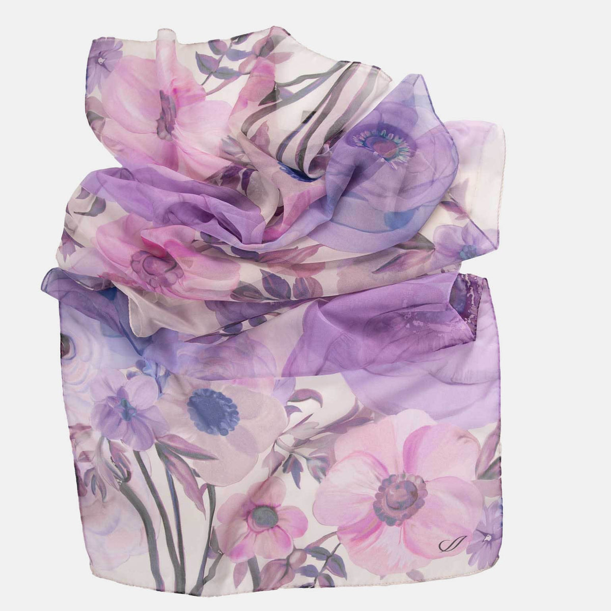Italian Silk Georgette Scarf - Lavender Floral