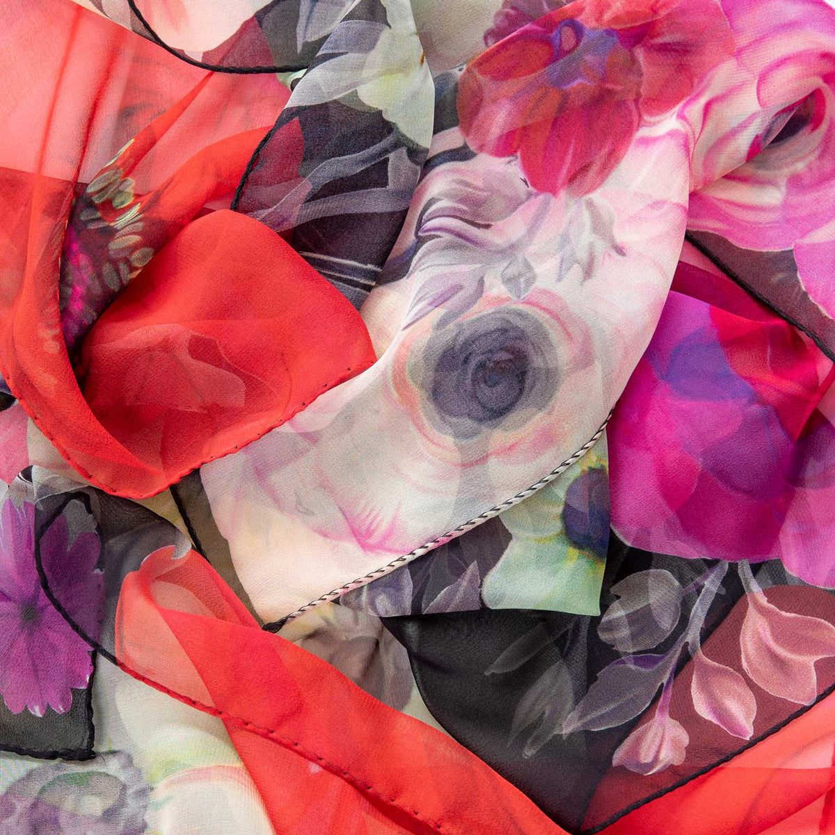 Womens Long Silk Scarf - Black and Red Floral Print
