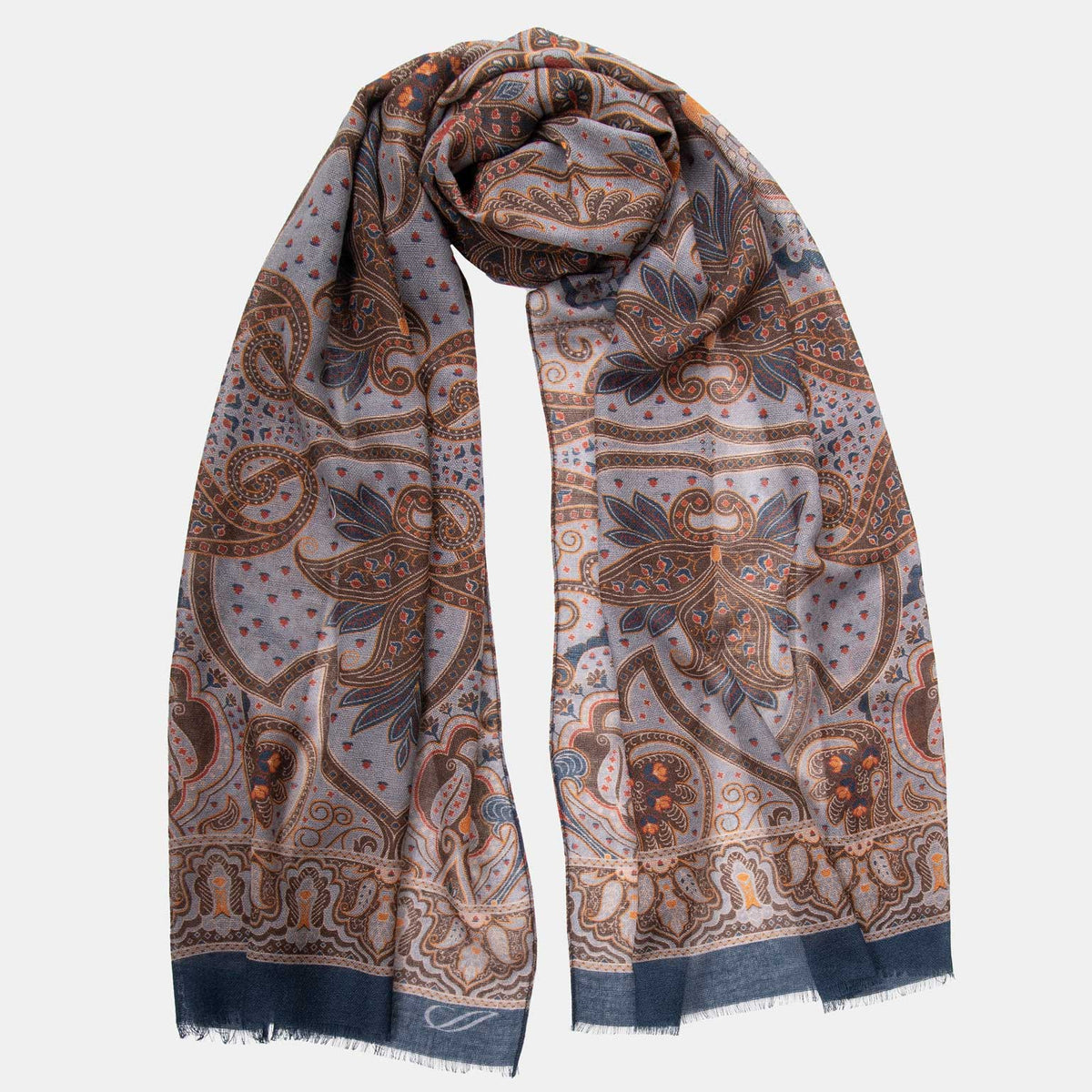Lightweight Italian Wool Scarf - Steel Blue Paisley