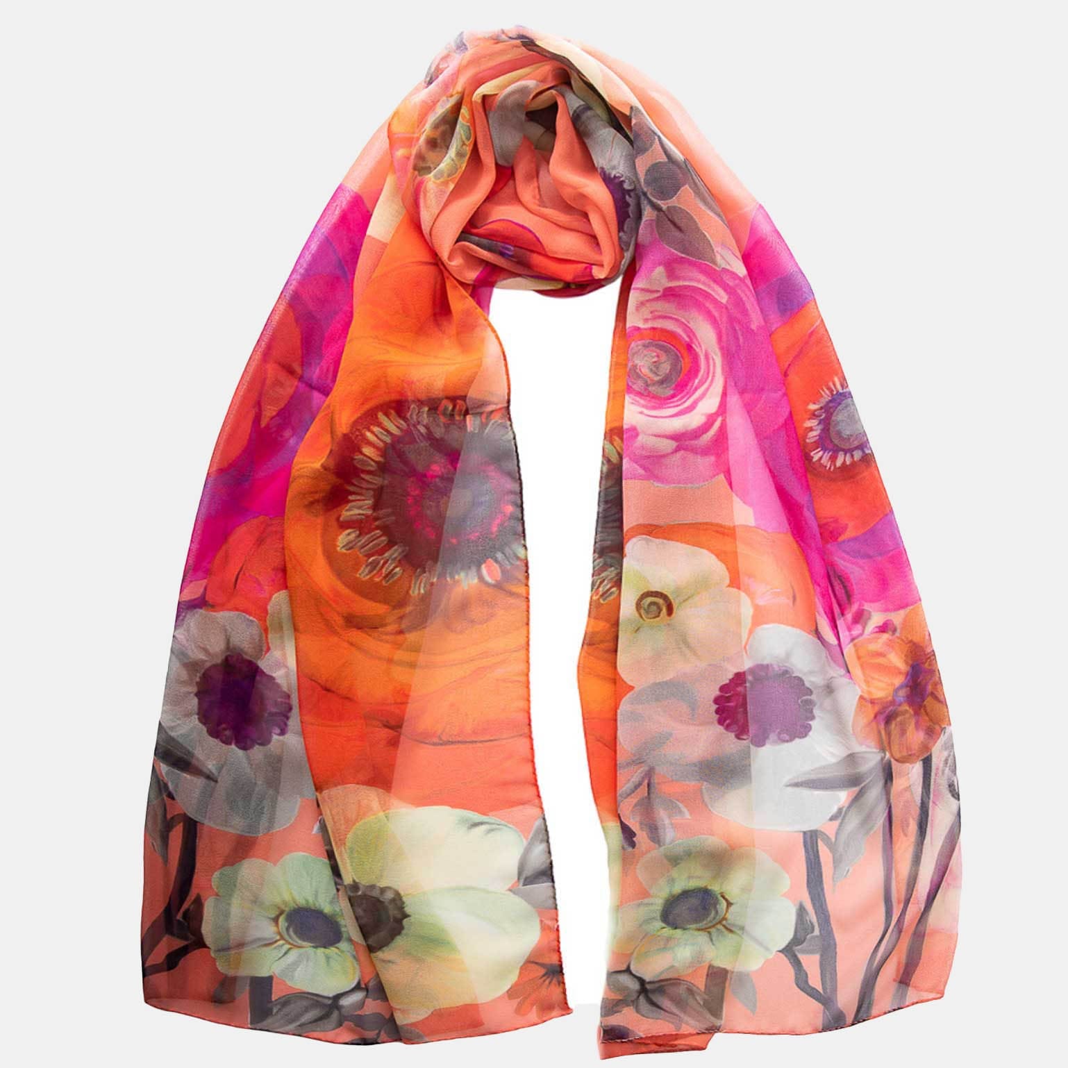 Coral & Pink Floral Women's Silk Long Scarf