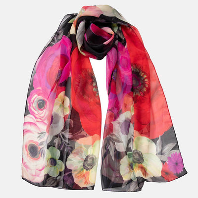 Womens Long Silk Scarf - Black and Red Floral Print