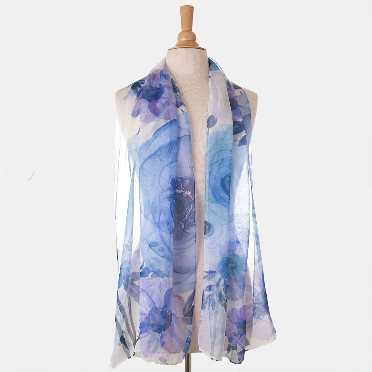 Womens Long Silk Scarf - Blue Floral Print 