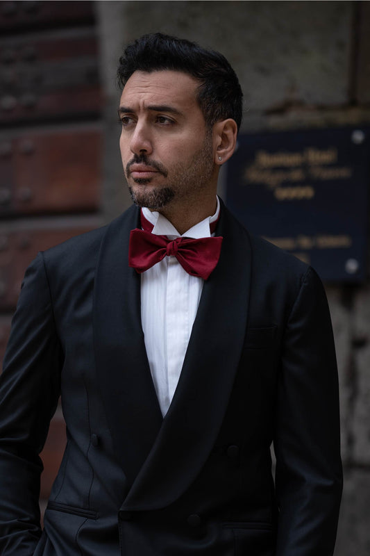 Black dress shirt red bow tie best sale