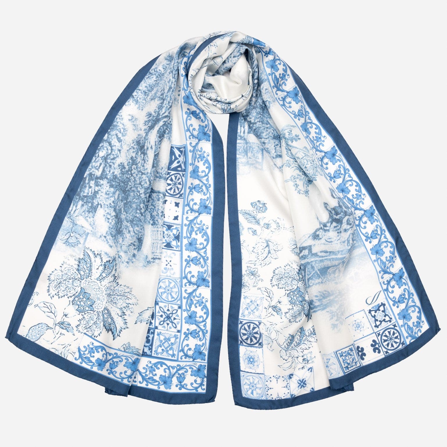 Women's Blue Toile de Jouy Silk Scarf