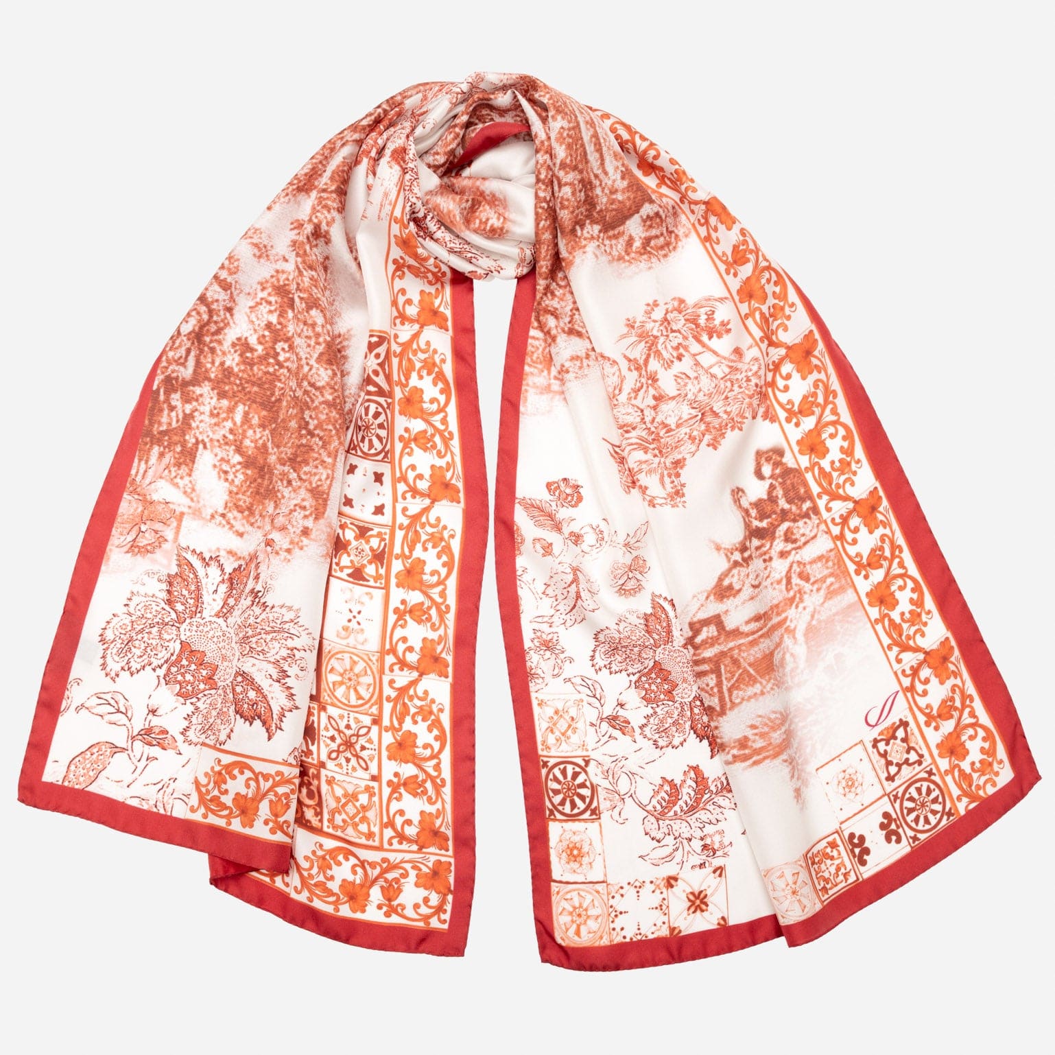 Women's Red Toile de Jouy Italian Silk Scarf