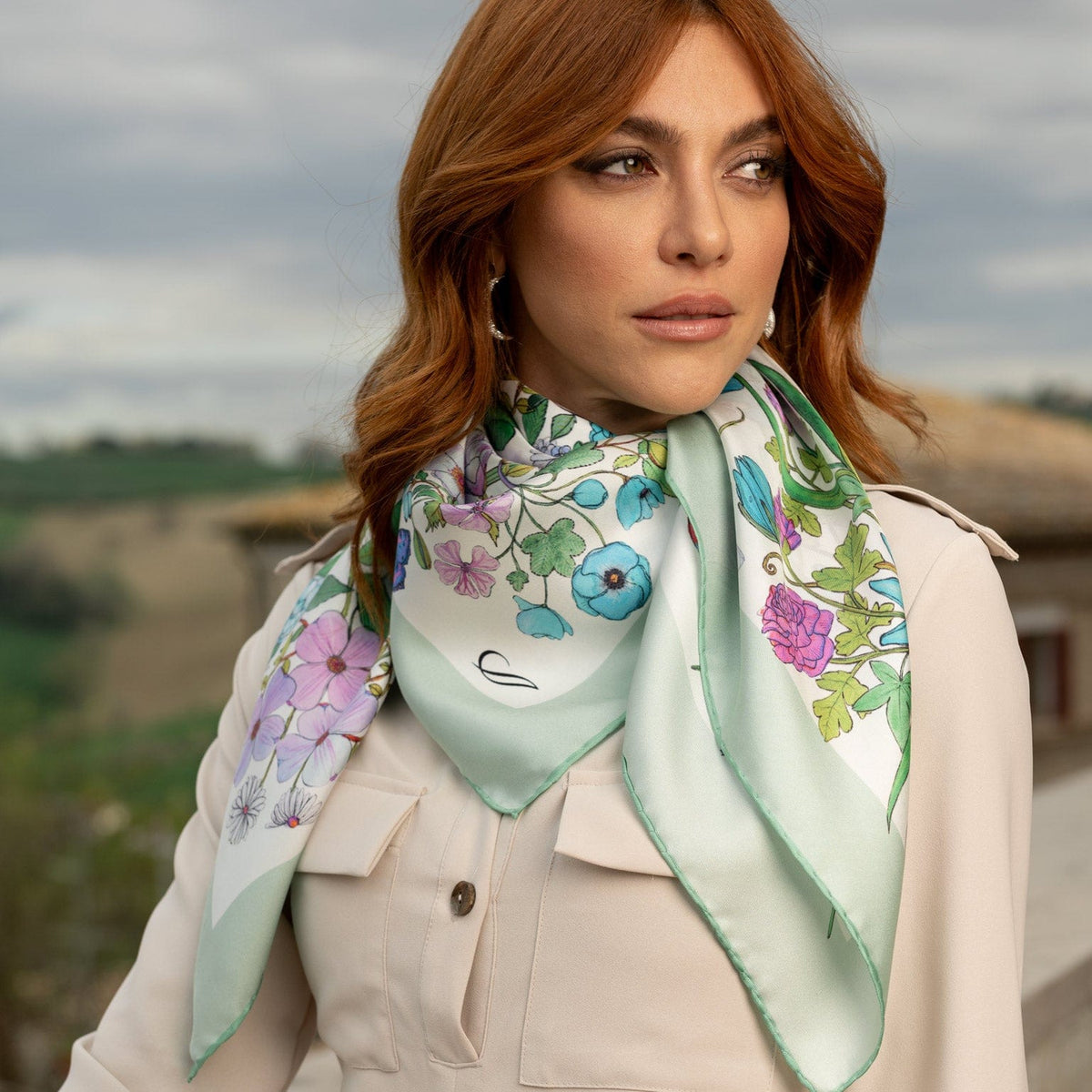 Luxury hand rolled Italian silk square scarf for women