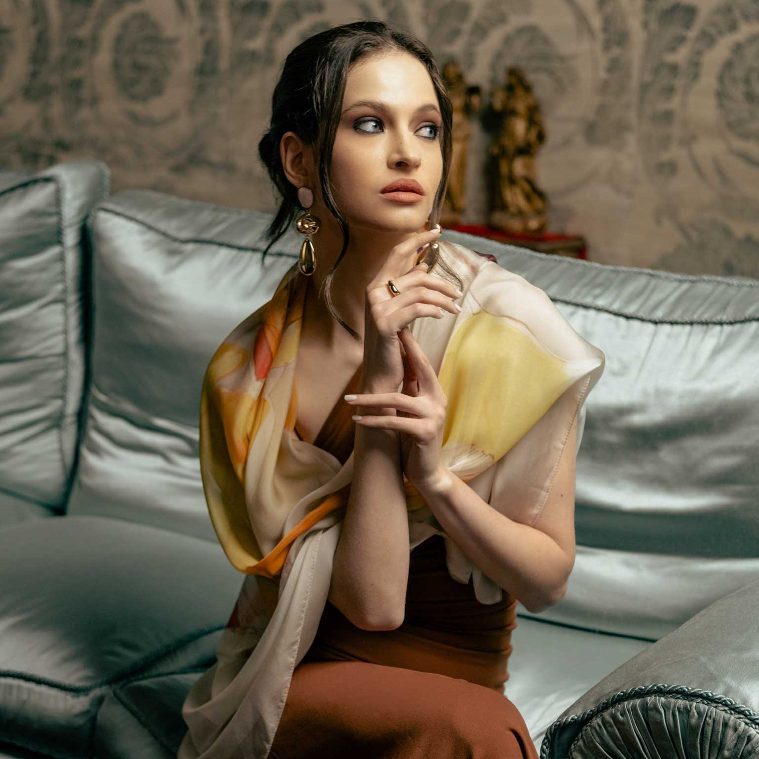 Luxury yellow and beige extra large silk shawl wrap