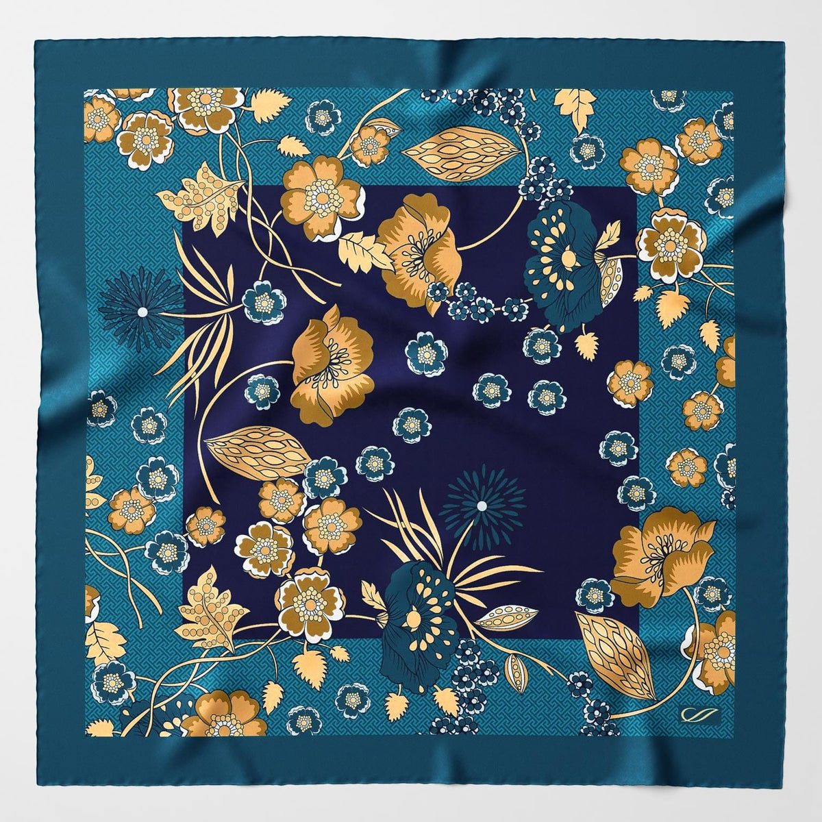 Teal Silk Scarf - Floral Print Made in Italy