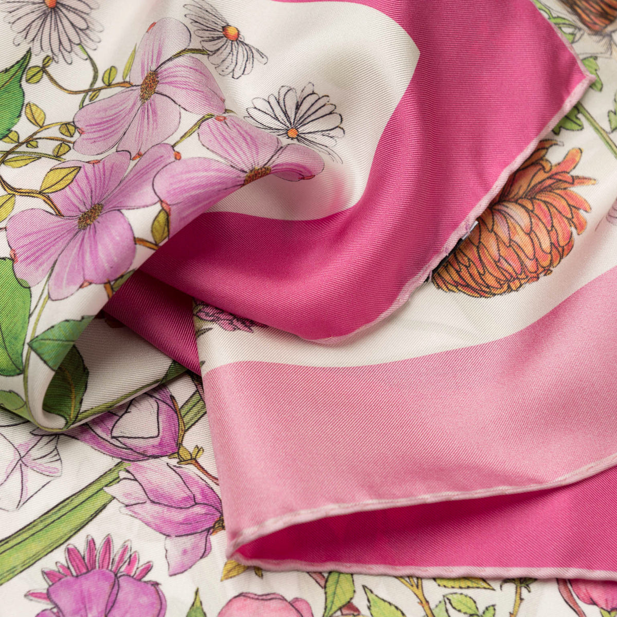 Pink Botanical Print Silk Scarf