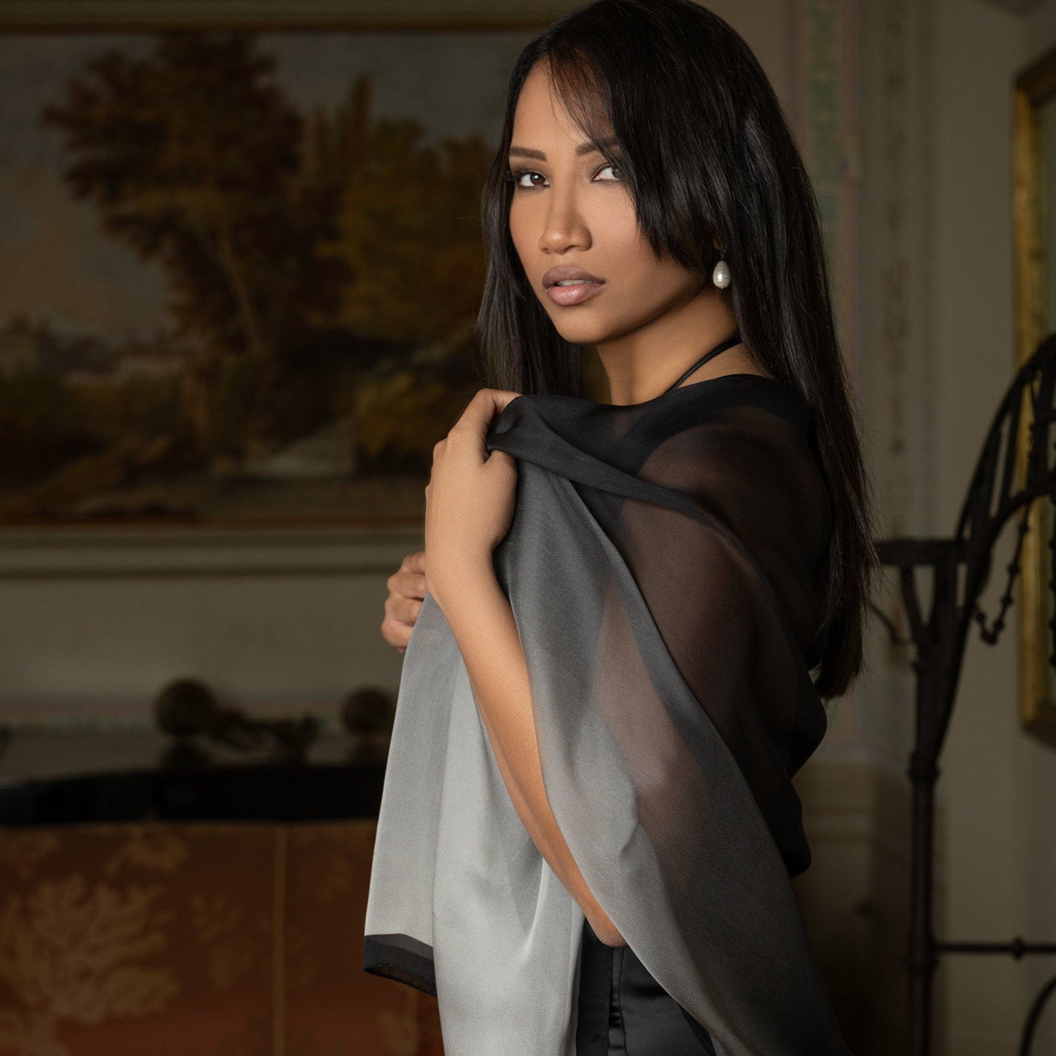Elegant black and grey Italian silk shawl wrap for dresses