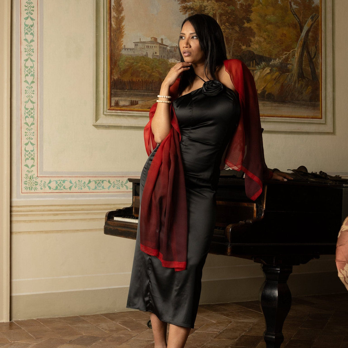 Elegant sheer silk shawl for dresses red burgundy