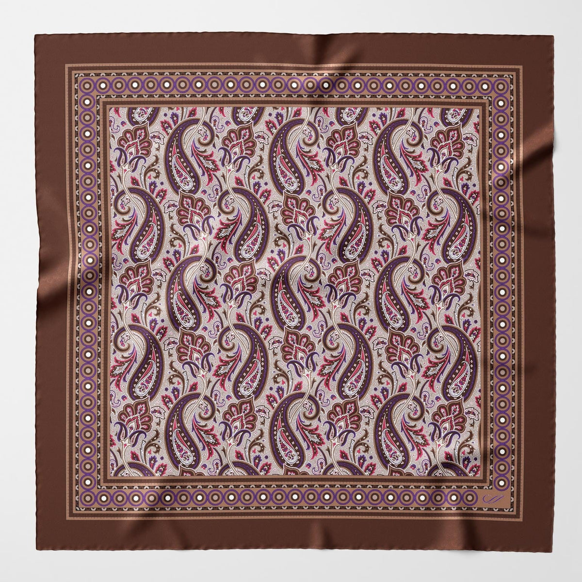 Hand Rolled Brown Paisley Silk Pocket Square