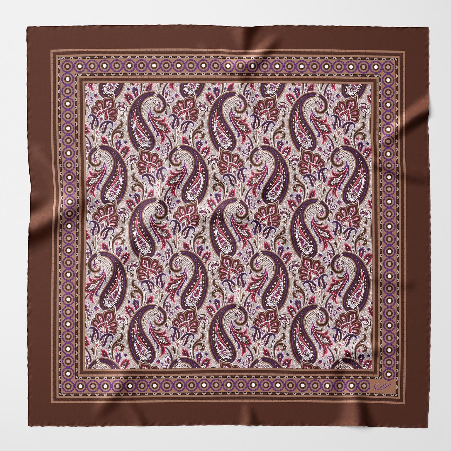 Hand Rolled Brown Paisley Silk Pocket Square
