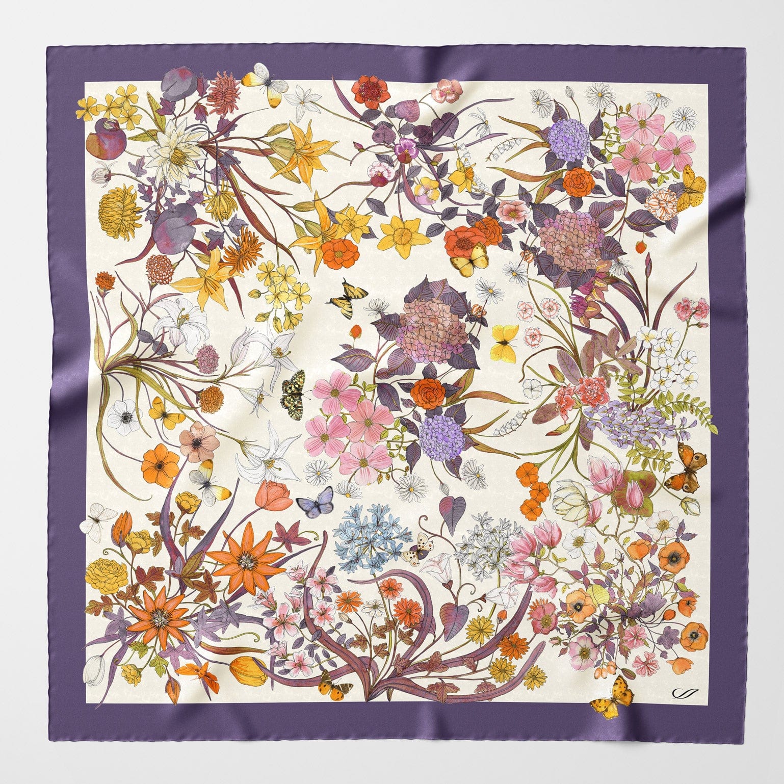 Violet Botanical Print Silk Scarf