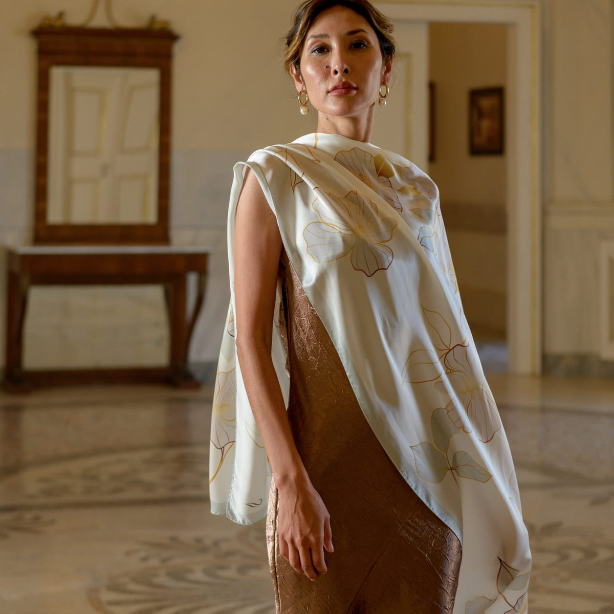 Italian Silk Satin Evening Shawl - Ivory