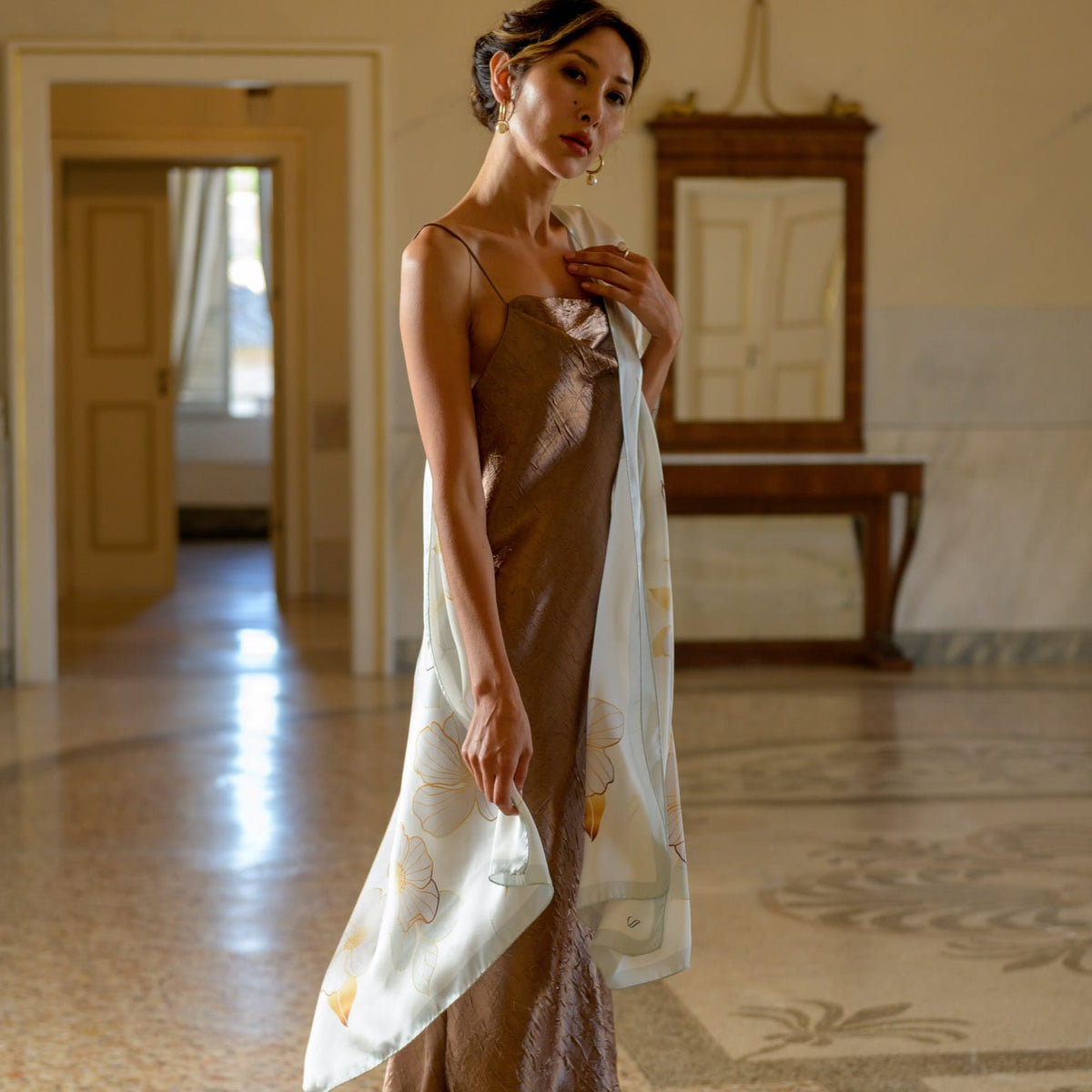 Italian Silk Satin Evening Shawl - Ivory