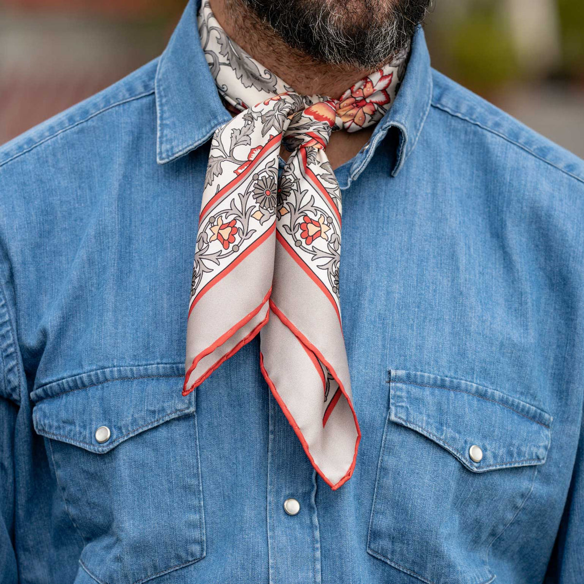 taupe and red silk neckerchief scarf made in Italy